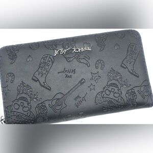 ☠️Betsey Johnson Black Cowboy Boots Skulls Guitars Embossed Wallet/Wristlet☠️NWT